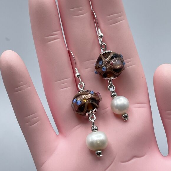 Artisan 925 Sterling Silver Freshwater Pearl Murano Wedding Cake Dangle Earrings - Picture 3 of 7
